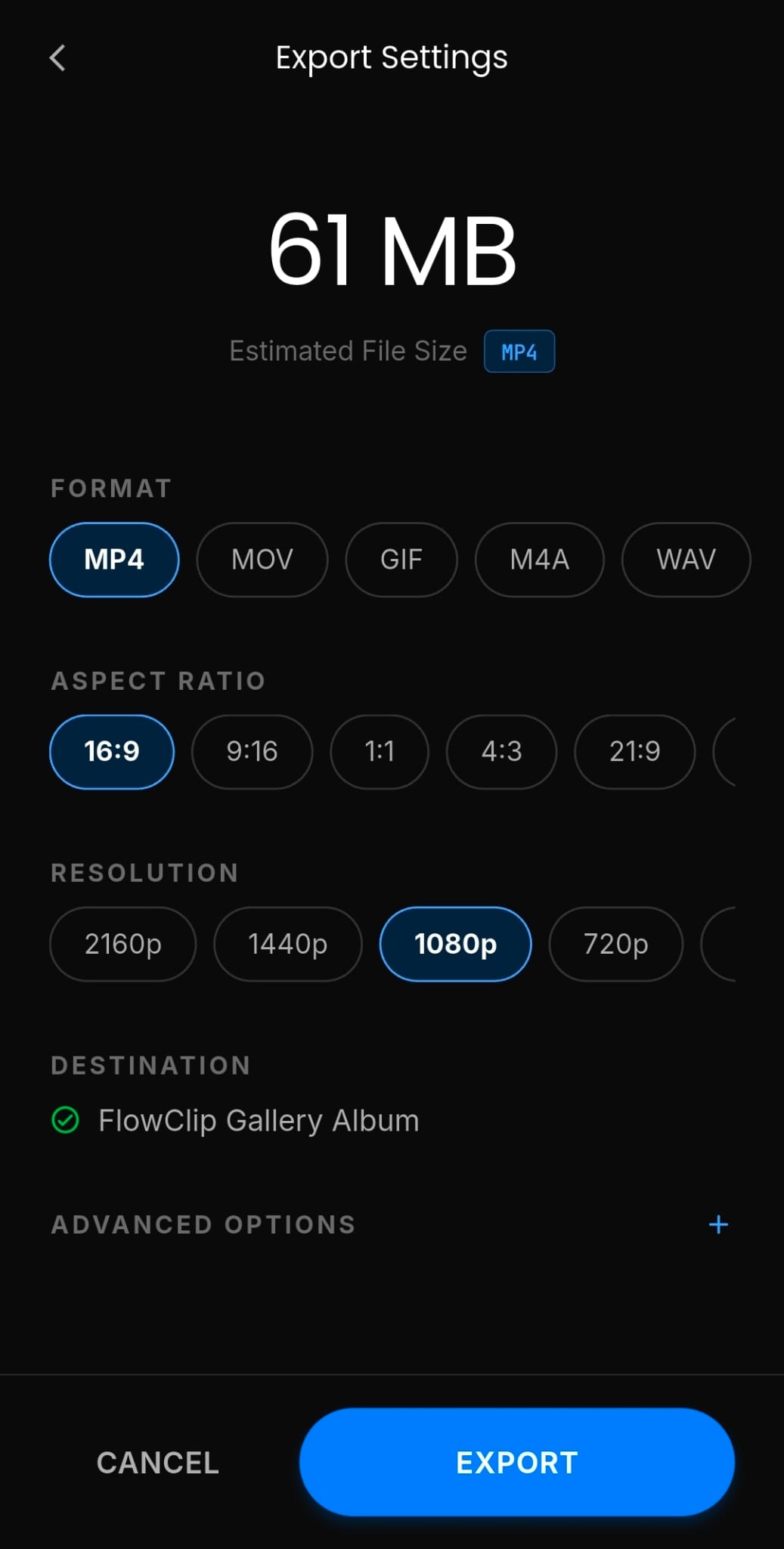 Export settings screenshot